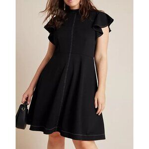 ANTHROPOLOGIE Maeve Deena Mini‎ Dress Flutter Slv High Neck Black Sz Medium /z1